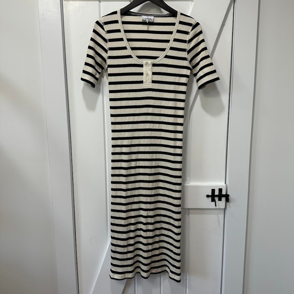 Ganni Womens Dress Striped Ribbed Henley Midi Short Sleeve Casual Contemporary